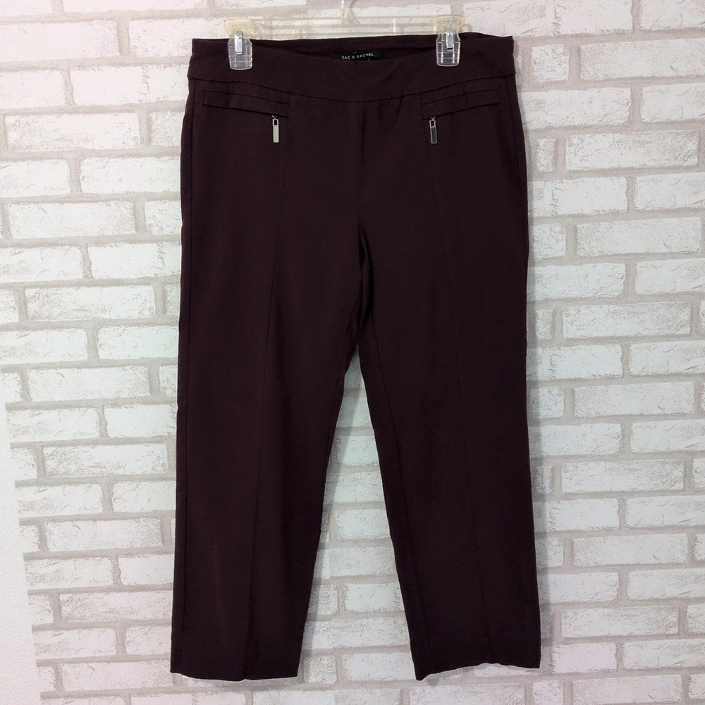 NWOT Zac And Rachel Maroon Capri Professional Pant faux zip pockets Size 8